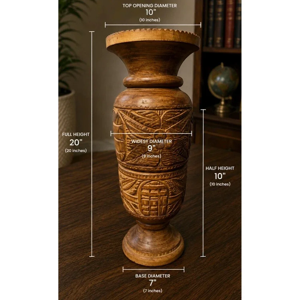Hand Carved Wooden African Tribal Vase Urn 20” Tall Folk Art Floral Geometric